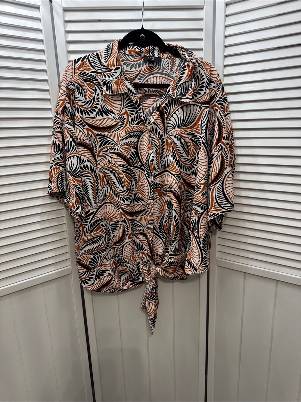 Printed Tie-Front Button-Down Shirt - Black, Cream & Brown
